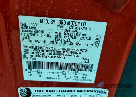 2011 Ford F150 Svt Raptor from USA, damaged, VIN 1FTFW1R6XBFD04443